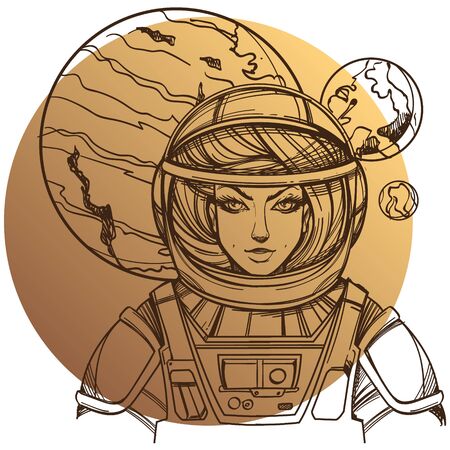 Girl in a spacesuit for t-shirt design or print. Woman astronaut. Cosmic Beauty. Martian, alien outline illustration on a beige background of the circle.のイラスト素材