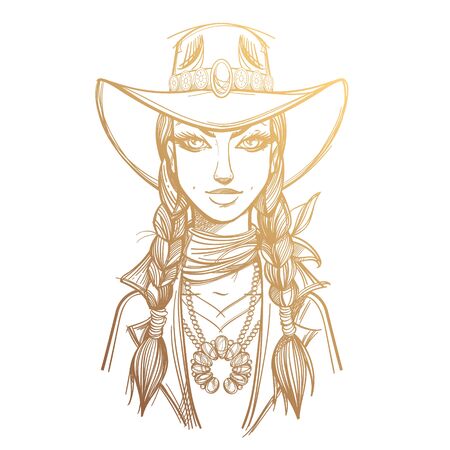 Girl in a cowboy hat illustration for coloring. Portrait of a beautiful woman. Country style for t-shirt design or print.のイラスト素材
