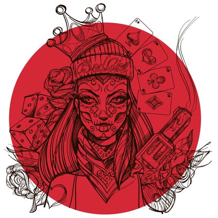 Girl death. Portrait of a woman with halloween makeup. Day of the Dead a coloring face. Bandit woman for t-shirt design or print.のイラスト素材