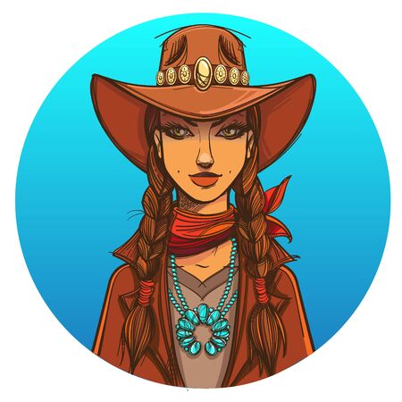 Girl in a cowboy hat. Portrait of a beautiful woman. Country style for t-shirt design or print.のイラスト素材