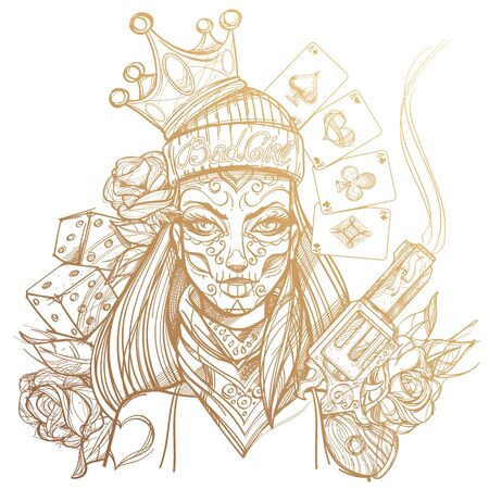 Girl death outline illustration for coloring. Portrait of a woman with halloween makeup. Day of the Dead face. Bandit woman for t-shirt design or print.のイラスト素材