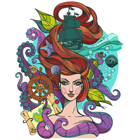Girl with long hair. Portrait of a young woman. Face and make-up. Fabulous sea princess. Mermaid. Illustration for a tattoo, sticker, design, t-shirts and other items.のイラスト素材