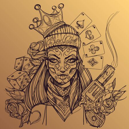 Girl death. Portrait of a woman with halloween makeup. Day of the Dead a coloring face. Bandit woman for t-shirt design or print.のイラスト素材