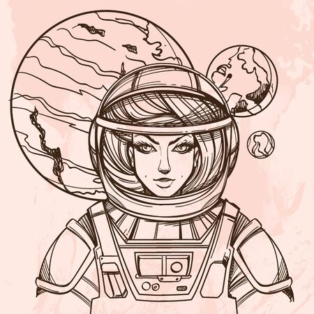 Girl in a spacesuit for t-shirt design or print. Woman astronaut. Cosmic Beauty. Martian, alien outline illustration on grunge background.のイラスト素材