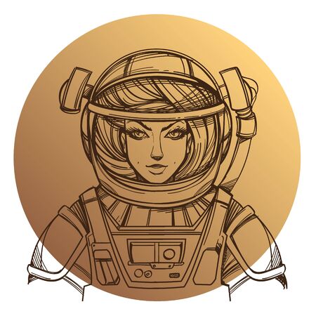 Girl in a spacesuit for t-shirt design or print. Woman astronaut. Cosmic Beauty. Martian, alien outline illustration on a beige background of the circle.のイラスト素材