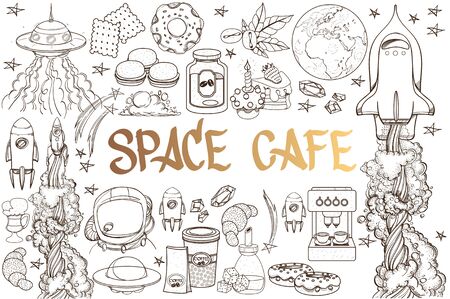 Space. A set of outline illustrations with sketches of tattoos.のイラスト素材