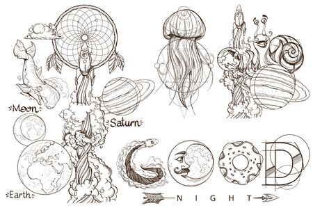 Space. Beautiful inscription Good night. A set of outline illustrations with sketches of tattoos.のイラスト素材
