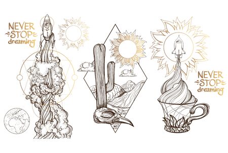 A sketch for the painting with the spacecraft and mug of coffee, tea or hot chocolate. Surrealistic illustration on the space theme design for t-shirts and various items and gifts.のイラスト素材