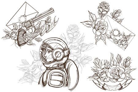 Girl in a spacesuit for t-shirt design or print. Woman astronaut. Cosmic Beauty. A set of outline illustrations with sketches of tattoos.のイラスト素材