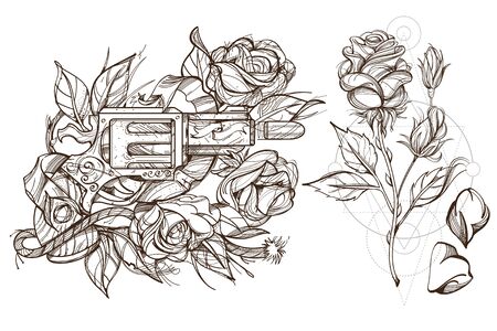 Roses and a gun. A set of outline illustrations with sketches of tattoos.のイラスト素材