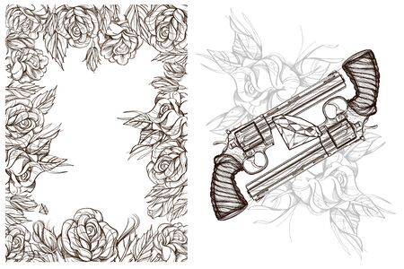Roses and a gun. A set of outline illustrations with sketches of tattoos.のイラスト素材