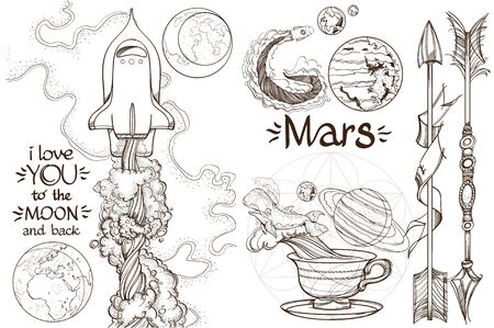 Set of black and white illustration on space theme. Spaceship, planet Mars, arrows.のイラスト素材