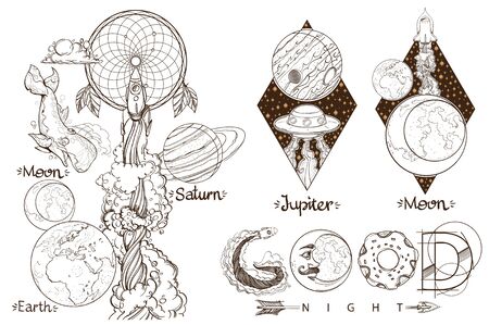 Space. Beautiful inscription: Good night. A set of outline illustrations with sketches of tattoos.のイラスト素材