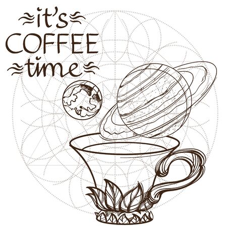 Motivating illustration with the phrase: Good morning. Outline sketch for the painting with a mug of coffee and planets. Picture for design of posters, T-shirts and a variety of giftsのイラスト素材