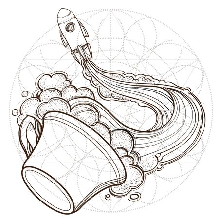 A sketch for the painting with the spacecraft and mug of coffee, tea or hot chocolate. Surrealistic illustration on the space theme design for t-shirts and various items and giftsのイラスト素材