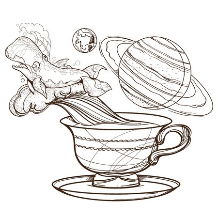 Motivating illustration with the phrase. Outline sketch for the painting with a mug of coffee, whale and planets. Picture for design of posters, T-shirts and a variety of giftsのイラスト素材