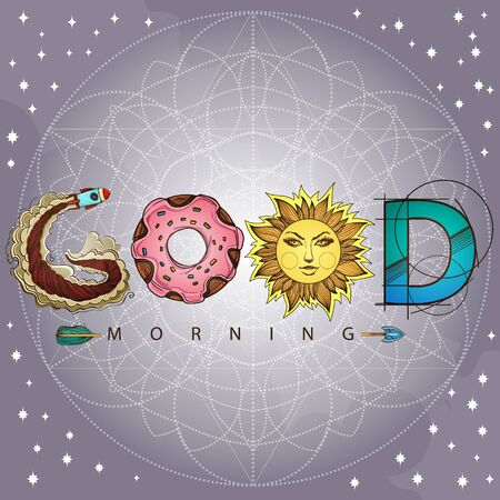 Good morning. The inscription made up of various items and food. Motivational poster with a rocket, donut, sun and arrow on a silver backgroundのイラスト素材