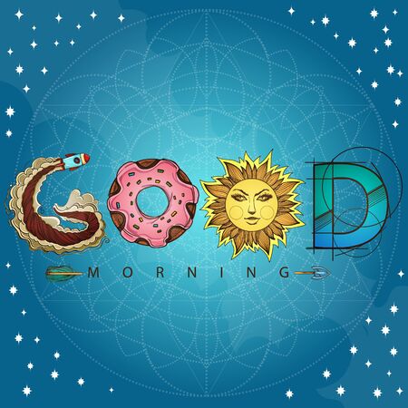 Good morning. The inscription made up of various items and food. Motivational poster with a rocket, donut, sun and arrow on a turquoise backgroundのイラスト素材