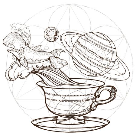 Motivating illustration with the phrase. Outline sketch for the painting with a mug of coffee, whale and planets. Picture for design of posters, T-shirts and a variety of gifts.のイラスト素材