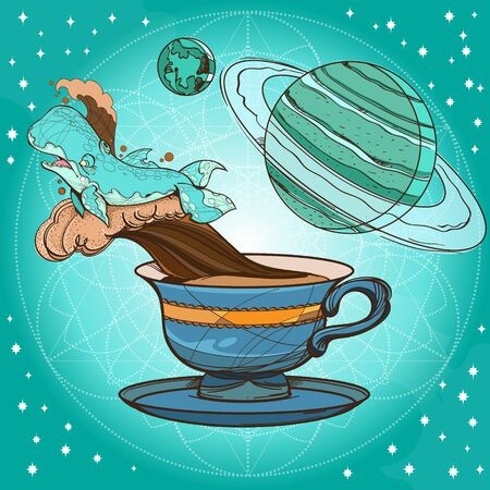 Motivating illustration with the phrase. Outline sketch for the painting with a mug of coffee, whale and planets. Picture for design of posters, T-shirts and a variety of gifts.のイラスト素材