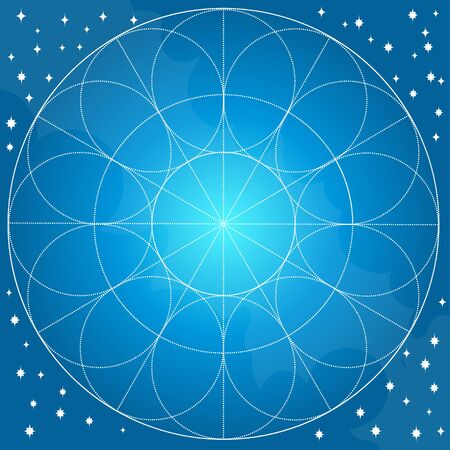 Blue background with abstract geometric pattern of circles. Template for a poster, cards, leaflets.のイラスト素材