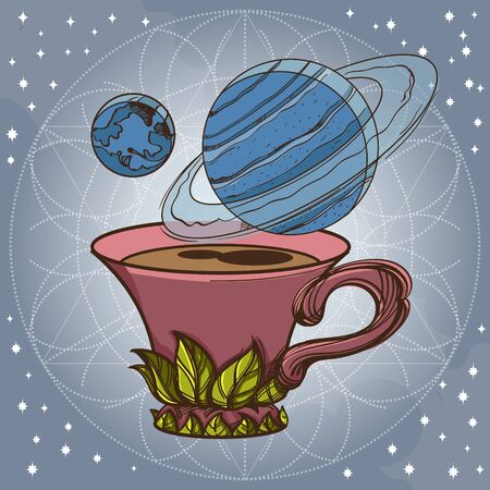 Motivating illustration with the phrase. Outline sketch for the painting with a mug of coffee and planets. Picture for design of posters, T-shirts and a variety of giftsのイラスト素材