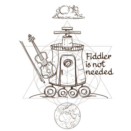 Sketch of the mechanism of fiction in the style of steampunk or Postapokaliptika. Imaginary space ship. Illustration for coloring.のイラスト素材