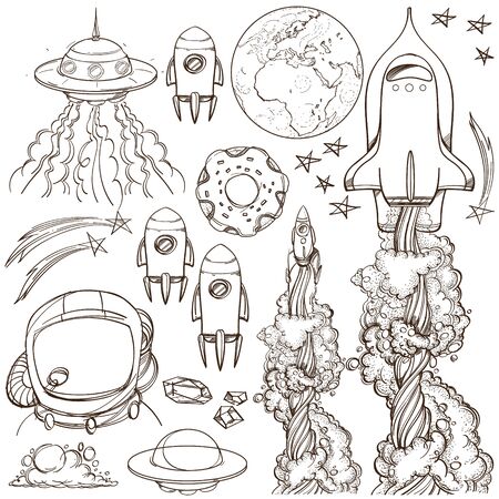 Set outline drawing with the spacecraft. Different types of shuttles and flying saucers. Illustration for coloring.のイラスト素材