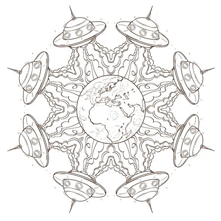 The symbolic star consisting of flying saucers. Picture for coloring on the space theme.のイラスト素材