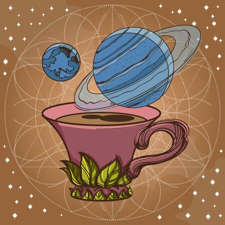 Motivating illustration with the phrase. Outline sketch for the painting with a mug of coffee and planets. Picture for design of posters, T-shirts and a variety of gifts.のイラスト素材