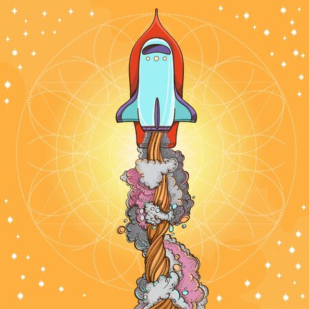 Conceptual illustration on the theme of space travel. Flying in the space shuttle. Design for t-shirts, gifts, promotional leaflets and feature articles about space.のイラスト素材