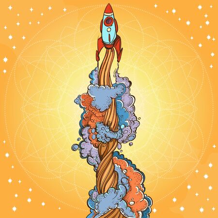 Conceptual illustration on the theme of space travel. Flying in the space shuttle. Design for t-shirts, gifts, promotional leaflets and feature articles about space.のイラスト素材