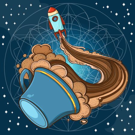 A sketch the spacecraft and mug of tea. Surrealistic illustration on the space theme design for t-shirts and various items and gifts.のイラスト素材