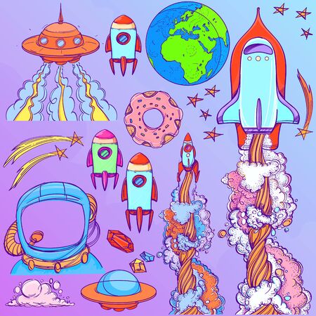Set the spacecraft. Different types of shuttles and flying saucers.のイラスト素材