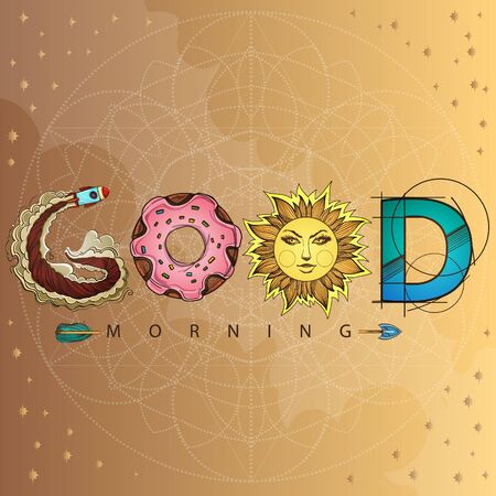 Good morning. The inscription made up of various items and food. Motivational poster with a rocket, donut, sun and arrow on a gold background.のイラスト素材