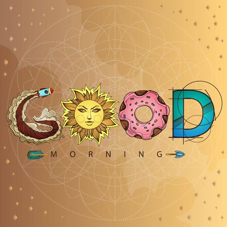 Good morning. The inscription made up of various items and food. Motivational poster with a rocket, donut, sun and arrow on a gold background.のイラスト素材