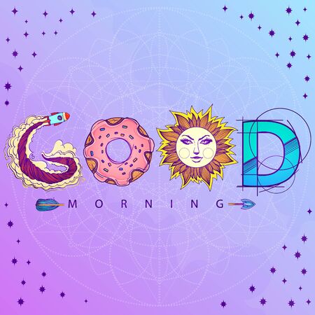 Good morning. The inscription made up of various items and food. Motivational poster with a rocket, donut, sun and arrow on a lilac background.のイラスト素材