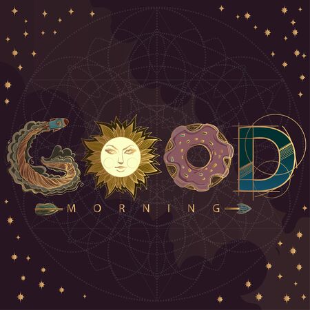 Good morning. The inscription made up of various items and food. Motivational poster with a rocket, donut, sun and arrow on a dark background.のイラスト素材