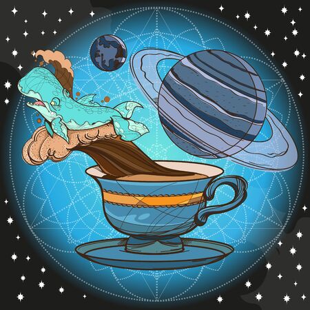 Motivating illustration with the phrase. Outline sketch for the painting with a mug of coffee, whale and planets. Picture for design of posters, T-shirts and a variety of gifts.のイラスト素材