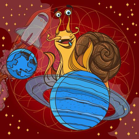 Cheerful snail on the planet Saturn. Funny illustration on the space theme on burgundy background. Design for t-shirts and items.のイラスト素材