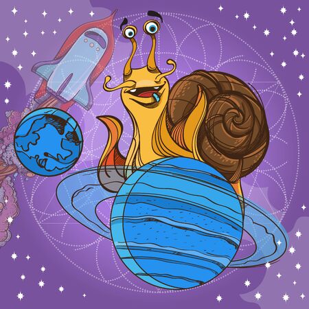 Cheerful snail on the planet Saturn. Funny illustration on the space theme on purple background. Design for t-shirts and items.のイラスト素材
