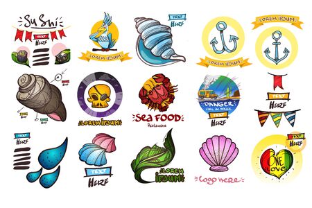 Set of icons in the style of hand-drawing on the theme of the sea. Outline color illustrations to create infographics.のイラスト素材