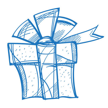 Blue box with an yellow bow. Gift sketch of the logo. Element for infographics in the hand drawing style.のイラスト素材