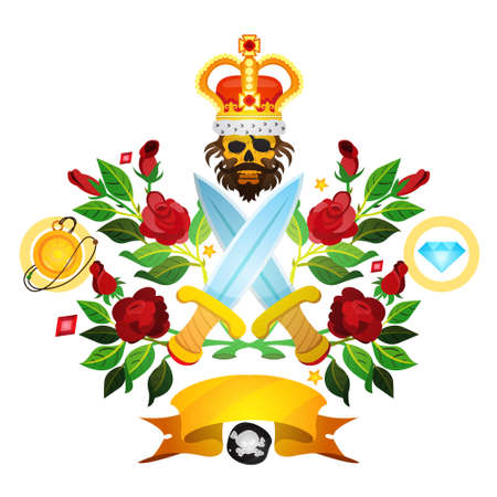 Sketch of tattoo with a skull, daggers and roses. Illustration of Jolly Roger. Drawing from a pirate and flowers for design t-shirts, playing cards, theme partiesのイラスト素材