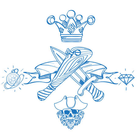 Sketch of tattoo with a crown and a baseball bat. Outline illustration for coloring with machetes. Drawing on themes Ganster to design T-shirts, playing cards, theme partiesのイラスト素材