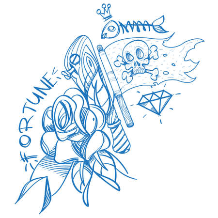 Sketch of tattoo with a dagger and roses. Outline illustration for coloring with the Jolly Roger. Drawing from a pirate and flowers for design t-shirts, playing cards, theme partiesのイラスト素材