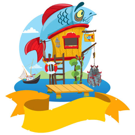 House fisherman. Cartoon illustration of a wooden hut on stilts near the riverのイラスト素材