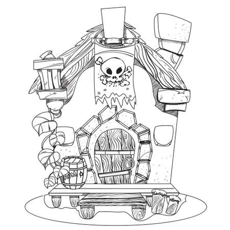 Witches Hut. Cartoon illustration of a house sorceress. Drawing for gaming mobile applications. Illustration for coloringのイラスト素材