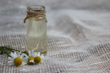 Jar with vegetable oil and chamomile flowers on a background of burlap.の写真素材
