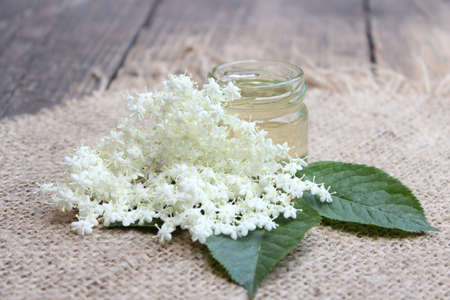 Glass jar of natural bee honey and elder flowers